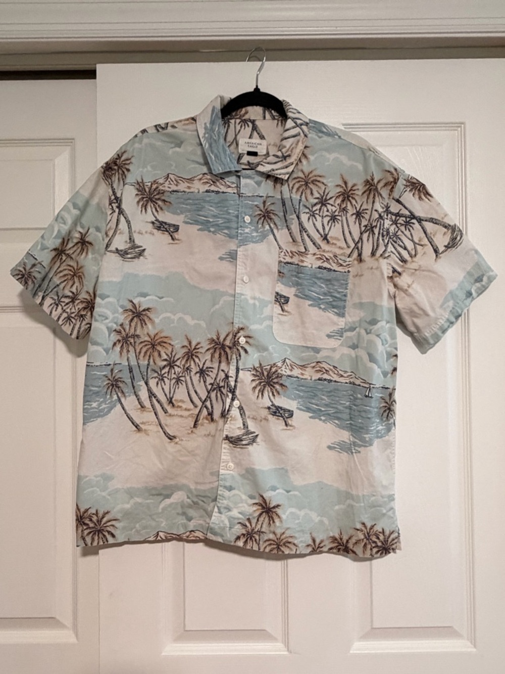 American Eagle Outfitters Light Blue & Beige Palm Print Button-Up Shirt
